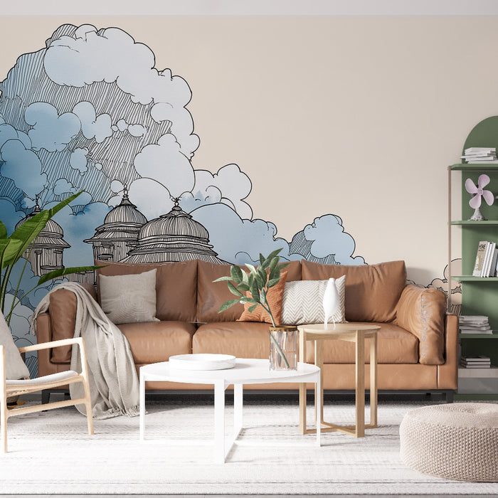Un salon moderne avec un papier peint illustratif représentant des nuages bleus et des bâtiments stylisés, créant une atmosphère légère et aérienne.