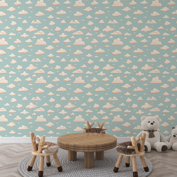 Une chambre d'enfant avec un papier peint bleu clair orné de nuages blancs aux contours doux, créant une atmosphère ludique et apaisante.