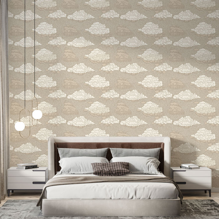 Une chambre élégante avec un papier peint aux motifs de nuages blancs sur fond beige, créant une atmosphère douce et apaisante.