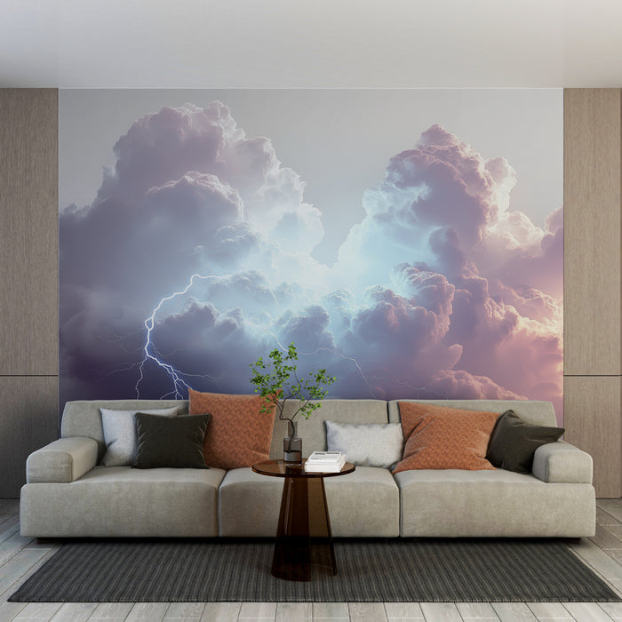 Papier peint nuages orageux | Éclairs lumineux et nuages pastel