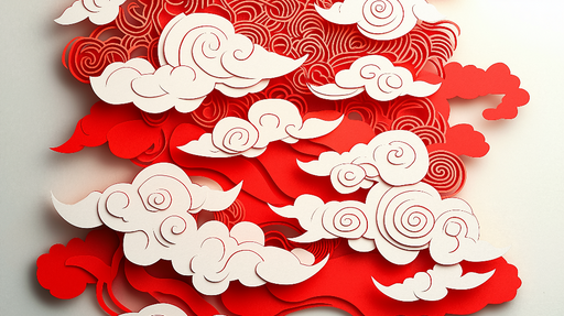 Papier peint nuages stylisés Motif de nuages rouges et blancs en papier découpé