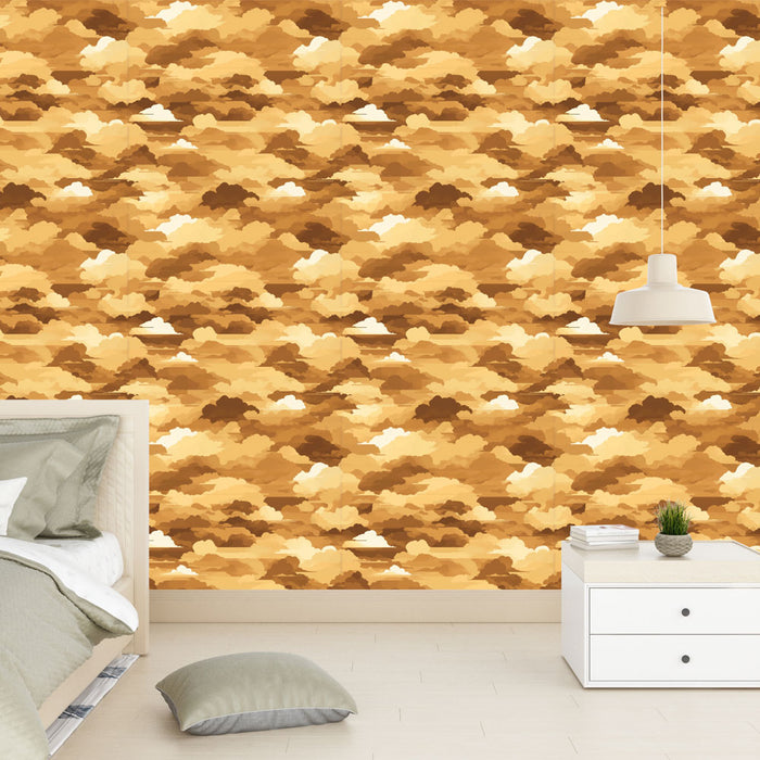 Une chambre moderne avec un papier peint aux motifs nuageux dans des teintes de beige et de brun, créant une ambiance chaleureuse et accueillante.