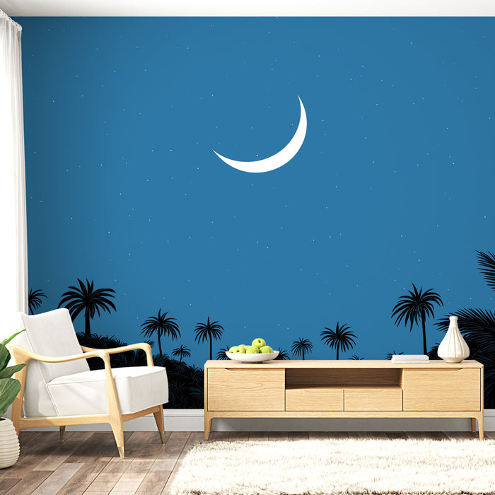 Une salle de séjour moderne avec un papier peint bleu nuit illustrant un ciel étoilé et une lune blanche, créant une ambiance sereine et rêveuse.