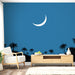 Une salle de séjour moderne avec un papier peint bleu nuit illustrant un ciel étoilé et une lune blanche, créant une ambiance sereine et rêveuse.
