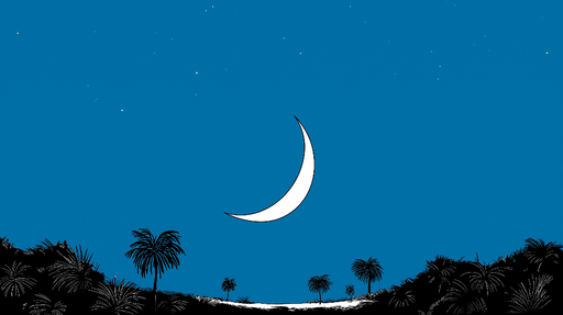 Papier peint nuit étoilée Croissant de lune et palmier sur un fond bleu profond