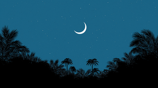 Papier peint nuit étoilée Un ciel bleu profond avec une lune et des palmiers silhouettes