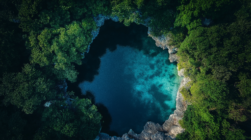 Papier peint oasis Une vue aérienne sur un bassin naturel entouré de verdure