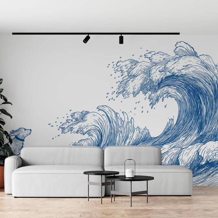 Un salon contemporain avec un papier peint illustrant de grandes vagues stylisées en bleu sur fond blanc, créant une atmosphère dynamique et apaisante.