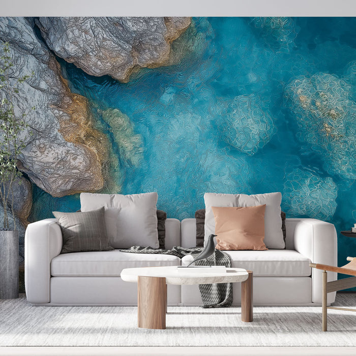 Papier peint océan bleu avec eau turquoise translucide et rochers naturels pour salon moderne