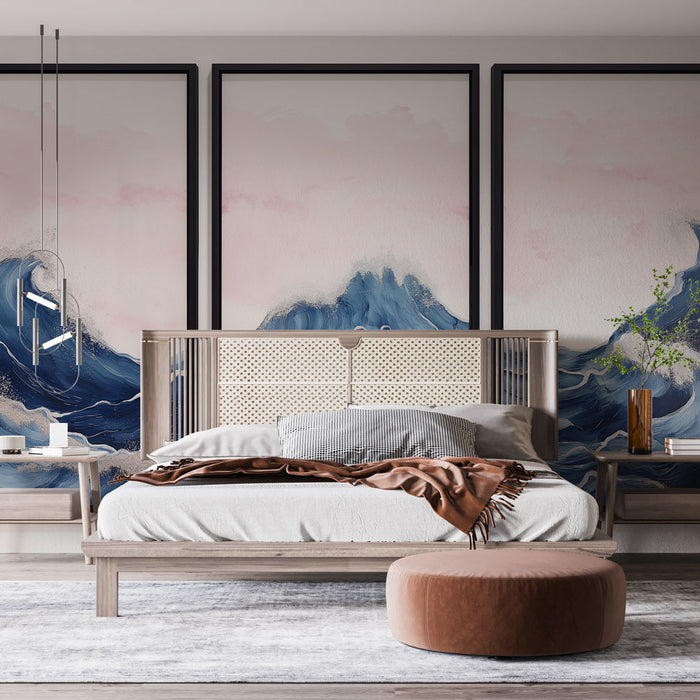 Une chambre moderne avec un papier peint représentant des vagues bleues sur fond pastel, créant une atmosphère apaisante et artistique.