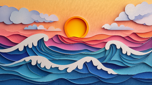 Papier peint océan coloré Vagues stylisées et coucher de soleil en papier découpé