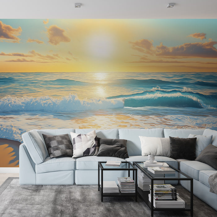 Un salon moderne avec un papier peint représentant une vue apaisante sur l'océan au coucher de soleil, dégageant une atmosphère sereine et lumineuse.