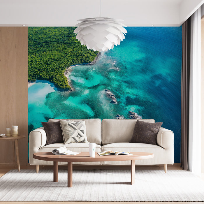 Papier peint océan | Plage turquoise et forêt luxuriante