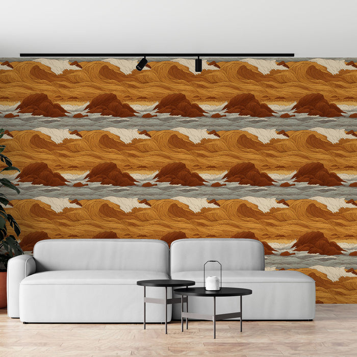 Un salon moderne avec un papier peint représentant des vagues stylisées dans des teintes chaudes de brun et de beige, créant une ambiance apaisante et naturelle.