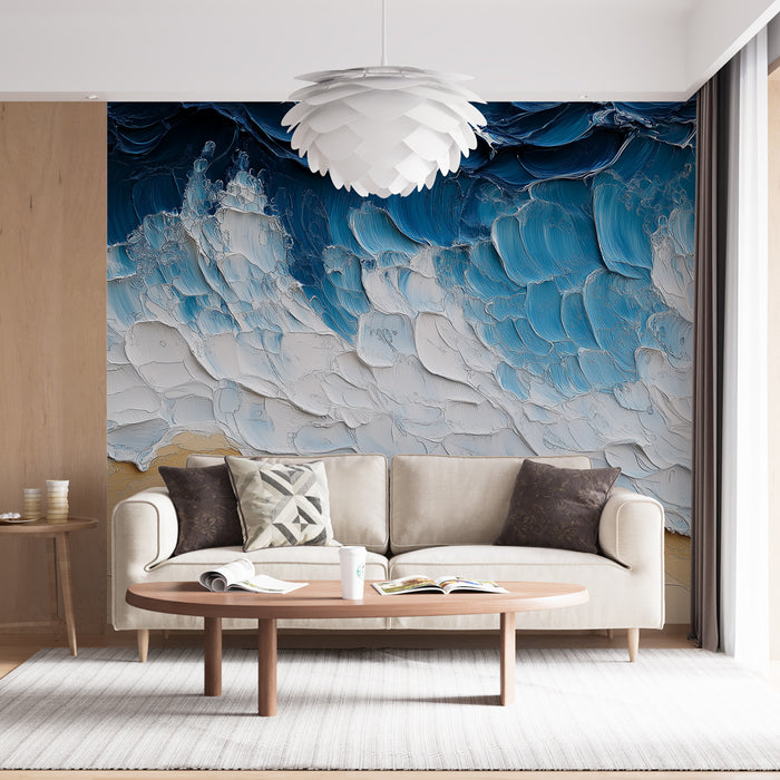 Un salon moderne avec un papier peint texturé représentant des vagues en nuances de bleu et blanc, créant une ambiance apaisante et dynamique.
