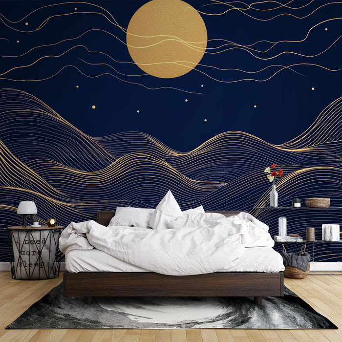 Papier peint océan avec vagues dorées sur fond bleu nuit pour chambre moderne