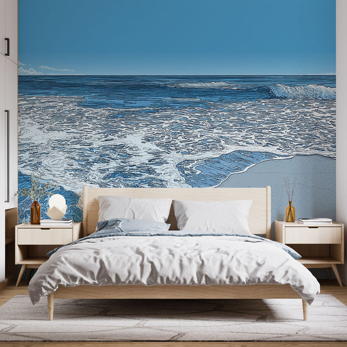 Une chambre apaisante avec un papier peint représentant une mer stylisée en nuances de bleu, évoquant tranquillité et sérénité.