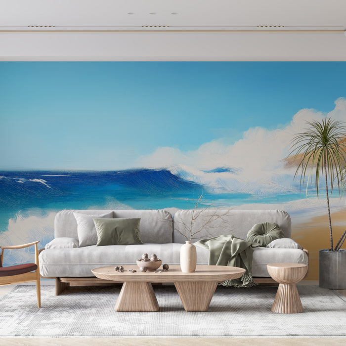 Un salon lumineux avec un papier peint représentant une mer turquoise et des vagues sous un ciel bleu, créant une ambiance apaisante et estivale.