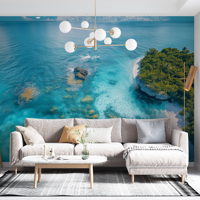 Papier peint océan | Vue aérienne d'une plage tropicale et de ses eaux turquoise