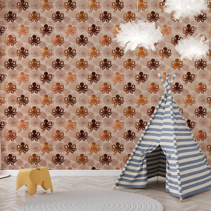 Une chambre d'enfant avec un papier peint ludique représentant des pieuvres aux teintes chaudes sur fond rose, créant une ambiance joyeuse et imaginative.