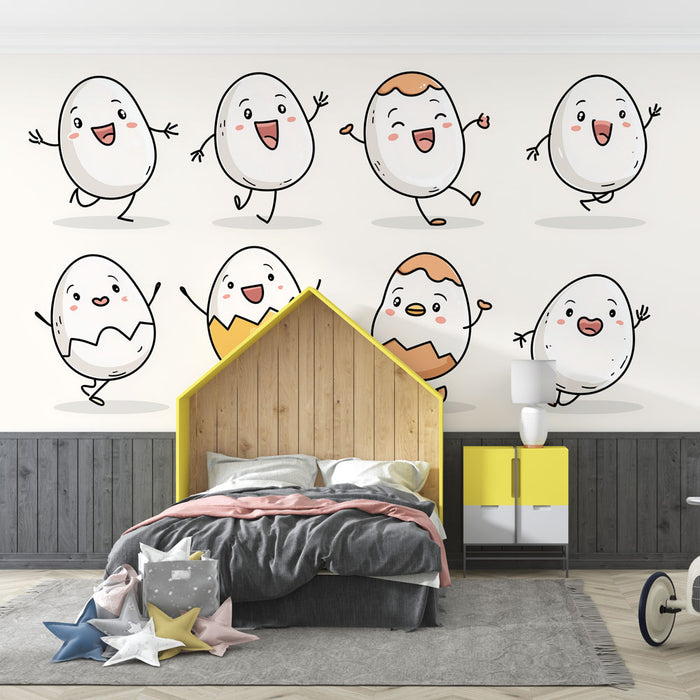 Une chambre d'enfant avec un papier peint ludique représentant des œufs souriants dans des poses joyeuses, créant une atmosphère joyeuse et amusante.