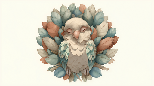 Papier peint oiseau endormi Un adorable oiseau caché parmi des feuilles dans des teintes pastel