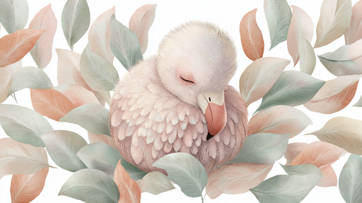 Papier peint oiseau endormi Un confortable oiseau aux plumes douces entouré de feuilles délicates
