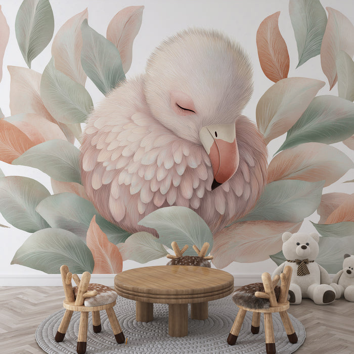 Une chambre d'enfant avec un papier peint illustrant un flamant rose doux entouré de feuilles pastel, créant une atmosphère apaisante et chaleureuse.