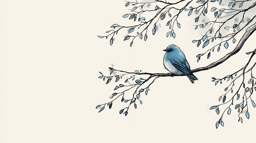 Papier peint oiseau et branches Un délicat oiseau bleu perché sur une branche ornée de feuillage