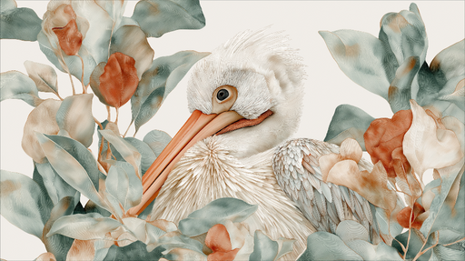 Papier peint oiseau et feuillage Portrait détaillé d'un pélican parmi des feuilles élégantes