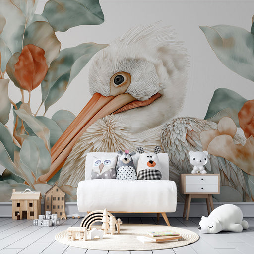 Une chambre d'enfant avec un papier peint illustrant un pélican délicat entouré de feuillages doux dans des teintes pastel, créant une atmosphère apaisante et ludique.