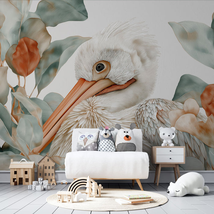 Une chambre d'enfant avec un papier peint illustrant un pélican délicat entouré de feuillages doux dans des teintes pastel, créant une atmosphère apaisante et ludique.