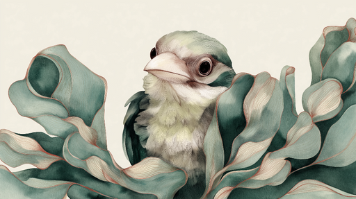 Papier peint oiseau et feuillage Un oiseau délicat entouré de feuilles vertes stylisées