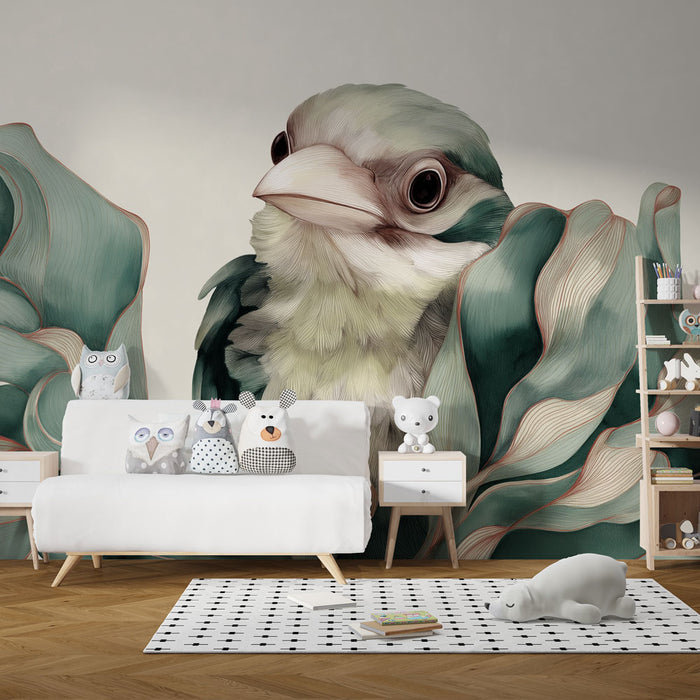 Une chambre d'enfant avec un papier peint illustrant un oiseau stylisé aux couleurs douces, entouré de feuilles, créant une ambiance ludique et apaisante.