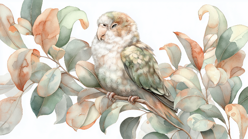 Papier peint oiseau et feuillage Un oiseau délicat posé sur des feuilles aux teintes pastel