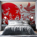 Papier peint design graphique avec fleurs rouges et oiseau sur fond blanc pour chambre moderne