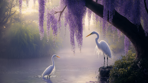 Papier peint oiseau et fleurs Scène paisible d'oiseaux sur un lac entouré de glycines