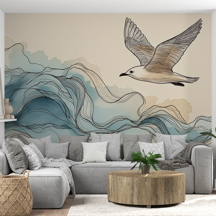 Un salon moderne avec un papier peint représentant un oiseau en vol au-dessus de vagues stylisées dans des teintes douces de bleu et beige, créant une atmosphère apaisante et aérienne.
