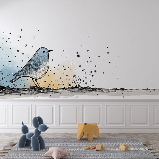 Une chambre enfantine avec un papier peint illustratif représentant un oiseau stylisé aux teintes bleues et jaunes, créant une ambiance douce et imaginative.