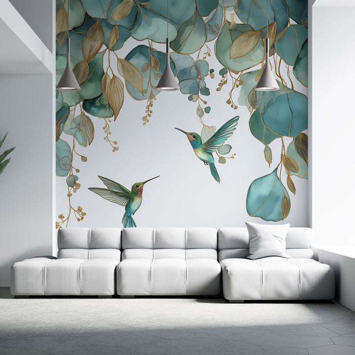Un salon moderne avec un papier peint tropical représentant des colibris et des feuillages aquarelle dans des teintes vertes et dorées, créant une ambiance fraîche et vivante.