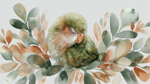 Papier peint oiseau paisible Un oiseau endormi entouré de feuillage doux et coloré