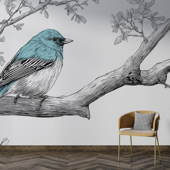 Une pièce moderne avec un papier peint illustrant un oiseau bleu stylisé sur une branche, créant une atmosphère artistique et apaisante.