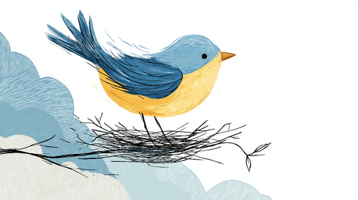 Papier peint oiseau Un oiseau joyeux sur un nid entouré de nuages