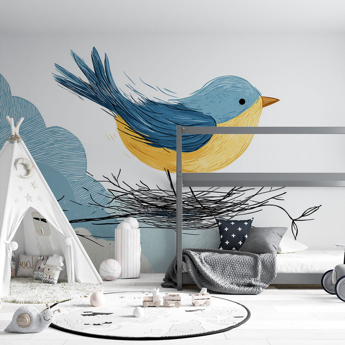 Une chambre d'enfant avec un papier peint illustrant un oiseau stylisé aux teintes bleu et jaune, créant une ambiance ludique et apaisante.