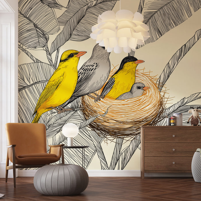 Une pièce moderne avec un papier peint illustrant des oiseaux colorés sur un fond clair, créant une ambiance chaleureuse et naturelle.