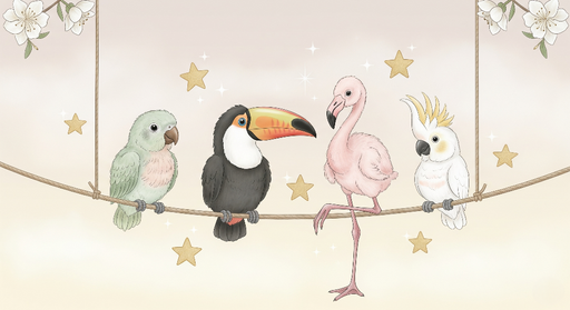 Papier peint oiseaux colorés Animaux exotiques suspendus sous un ciel étoilé