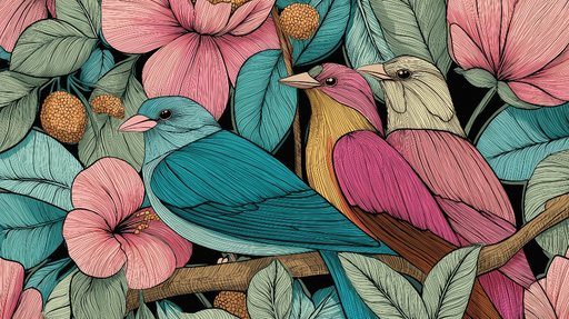 Papier peint oiseaux colorés Motif  de oiseaux aux plumes éclatantes et de fleurs délicates