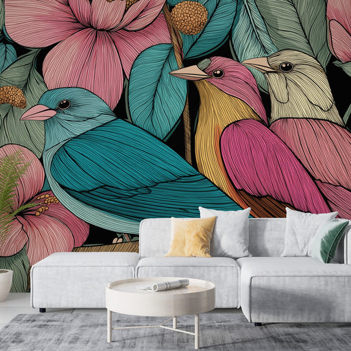 Un salon moderne avec un papier peint coloré représentant des oiseaux stylisés et des fleurs sur fond noir, créant une ambiance vivante et artistique.
