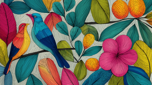 Papier peint oiseaux colorés Motif e de feuillage et d'oiseaux stylisés