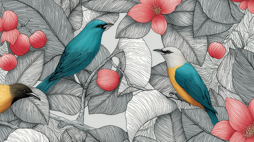 Papier peint oiseaux colorés Oiseaux aux nuances  parmi des feuilles et des fleurs délicates